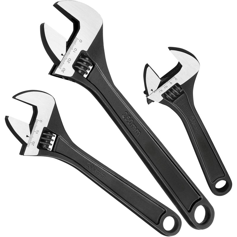 Adjustable Wrenches, 3-Piece Adjustable Wrench Set 6-inch, 8-inch, 10-inch,Heat Treated, Black Phosphate Finish